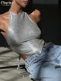 Czołgi Clacive Sexy Slim Silver Crop Top Kobiet Bodycon Bodycon Bez rękawów