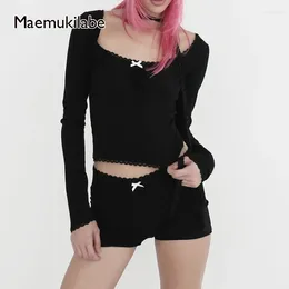 女性のトラックスーツMaemukilabe Kawaii oネックTシャツクロップトップショーツ00Sコテージレトロレーストリム2ピースセット女性