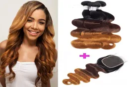 Braziliaans Body Wave-haar met sluiting Ombre-kleur Peruaans Maleisisch Indiaas Maagdelijk haarbundels met 4x4 vetersluiting 828in1878837
