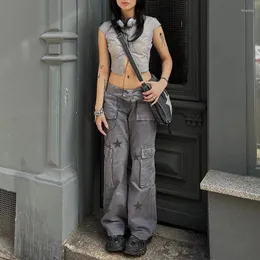 Women's Jeans Fashion Street Retro Style Low Waist Denim Cargo Pants XINGX Print Large Pocket Stylish Straight Casual For Women
