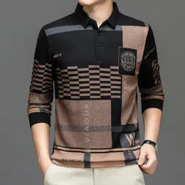 Luksusowa jesienna koszulka dla mężczyzn 2023 Długie rękawie kołnierz listem Letter Drukowanie Button Piose Polo Tees Fashion Pullover Top 240102