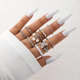 Cluster Rings Charms Pearl Stone Butterfly Silver Folor Joint Ring Set for Women Ins Eloy Party Jewelry 9pcs/Set Anillo 22717