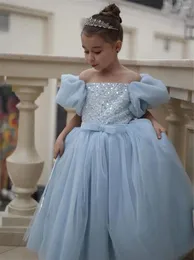 Sukienki dziewczyny jasnoniebieski kwiat prosty elegancka suknia balowa księżniczki dla dzieci przyjęcie urodzinowe Pierwsza sukienka komunalna