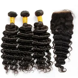 Wefts Filipino Virgin Hair Deep Wave With Closure 7A Unprocessed Curly Human Hair Weaves 3 Bundles And 1Piece Top Lace Closures Natural