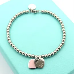 Brazaletes de diseño de Color plateado para mujer, colgante de doble corazón de acero inoxidable, pulsera de corazón con cuentas de bola de lujo 2959