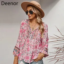 Hemden Deenor Womens Tops und Blusen Langarm rosa Blumendruck Boho Shirts Blusas Mujer de Moda Spring Sommer 2021 Frauen Mode