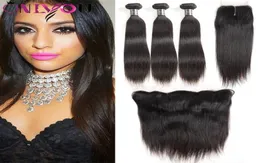 10A Nature Color Brazilian Straight Virgin Hair Bundles with Closure Lavorting Hair Extensions Straight 3 Bundles with LAC993836