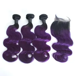 Tece pacotes de cabelo humano ondulado ombré com fechamento frontal de renda 1b/27 1b/30 1b/roxo 1b/99j cabelo ombre com fechamento