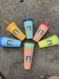 24OZ/710ml Becher, wiederverwendbar, Farbwechsel, Trinkbecher mit flachem Boden, säulenförmiger Deckel, Strohbecher, Starbucks Farbwechsel-Kunststoffbecher, 5 Stück