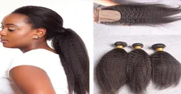 Kinky rakt med silkebas spetsstängning 4pcslot italienska grov yaki mänskligt hår spetsstängning med hårförlängningar för svart wom16909034