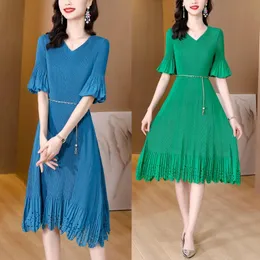 Dresses Solid Color Flared Sleeves Summer 2022 New Lace Up Elegant Midi Tea Dress Miyake Pleated Black Blue Green Dress Women MXL