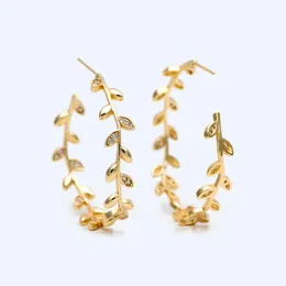 Huggie 4st CZ PAVED DAINTY GOLD LEAF HOOP EARRINGS, GOLD HOOP Earring, 42mm Circle Leaf Earring (GB2019)