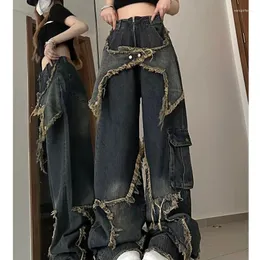 Calças de brim femininas estrela emendado angustiado carga baggy para mulheres grunge vintage calças jeans y2k streetwear moda calças soltas roupas