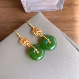 Dangle Earrings Natural Hetian Jade S925 Sterling Silver Round Round Hook Hook inlaid Quariad Ruyi على الطراز الأنيق والعرقي