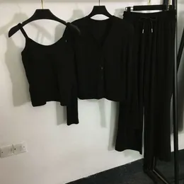 Ternos femininos Blazers de malha de cor sólida conjunto de três peças com ombreiras, cardigã de manga comprida com decote em V, colete suspensor, cintura elástica calças largas