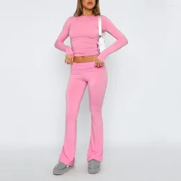 여자 2 피스 바지 여성 스포츠웨어 세트 빈티지 필라테스 요가 활동복 긴 소매 티셔츠 하이 허리 바지 슬림 소프트
