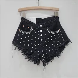 Kvinnors jeans 2024 Summer Kvinnor denim stora kornvatten Diamond Nail Bead Tassel Edge Shorts Clothling