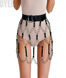 Uyee 2018 New Sexy Pub Memale Leather Skirt Berts Punk Gothic Rock Harness Waist With Chain Bodyage Hollow Belt LD0147901215