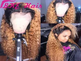 Moda longo kinky encaracolado perucas dianteiras do laço ombre cor loira sem cola perucas sintéticas do laço para as mulheres resistente ao calor cabelo de fibra completa 7835923