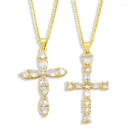 Pendant Necklaces Luxury Shiny White Cubic Zirconia Gold Plated Brass Christian Cross Charm Necklace For Women Men Religious Jewelry Gift