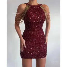 New Sexy Dress Fashion Hanging Neck Crystal Tassel Wrap Hip European And American Sequin Mid Waist Evening Dress The Gift Brand Down Jacket