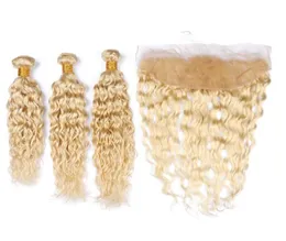 Mokre i faliste brazylijskie blondynki dziewicze ludzkie włosy tkaczy z frontami fala wodna 613 Blondynka 13x4 koronkowe zamknięcie czołowe z pakietami 4338744