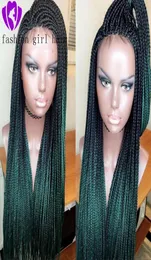 Afro America ombre grüne Box geflochtene Perücken mit natürlichem Haaransatz, zweifarbig, lange natürliche synthetische Lace-Front-Perücken mit Babyhaar2414457