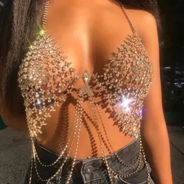 T-shirt AKYZO strass di lusso argento catena nappa Camis top da donna discoteca brillante diamante artificiale festival abbigliamento da spiaggia crop top