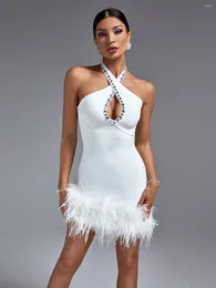 Robes décontractées Robe de bandage blanche Femmes Crystal Party Bodycon Élégant Luxe Plume Sexy Mini Soirée Anniversaire Club Tenues Été 2024