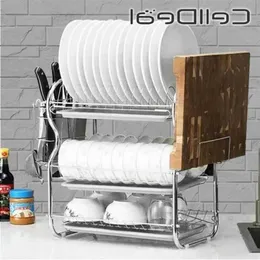 Other Stainless Steel 3layer Kitchen Dish Drain Rack Dishwashing Cup Drying Household Space Saving Organization Storage Tools 211102 Uj