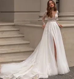 Élégant Boho Beach Robe De Mariée 2024 Manches Longues Col En V Dentelle Applique Fente Latérale Balayage Train De Mariée Robes De Soirée Formelles Robes De Novia