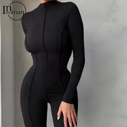 Inwoman outono linha brilhante decoração preto macacão feminino sexy clube outfit para manga longa branco bodycon 231229