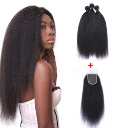 Cabelo virgem brasileiro crespo reto tece com fechamento de renda 4x4 nós descorados cor preta natural dupla tramas de cabelo exten9218607