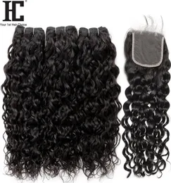 Cabelo virgem brasileiro onda de água pacotes com fechamento 4 pçslote cabelo brasileiro tecer cabelo humano molhado e ondulado 3 pacotes com renda c3029289