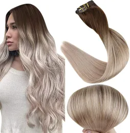 10A Grade Balayage Clip in Hair Extensions Dark Borwn fading to Ash Blonde Ombre Clip in Human Hair Extension 120g8pcs9032223