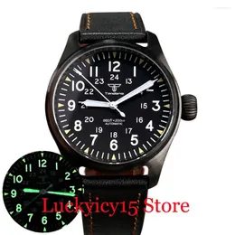 손목 시계 Tandorio 20ATM 39mm 블랙 시계 케이스 Big Crown Dial Luminous NH35A PT5000 남성용 가죽 스트랩을위한 자동 이동