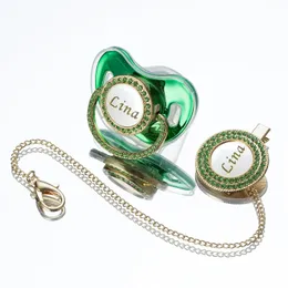 MIYOCAR Lovely bling Custom baby pacifiers and clips/holder kit with name Adorned with Elegant Green Rhinestones for boy girl 231229