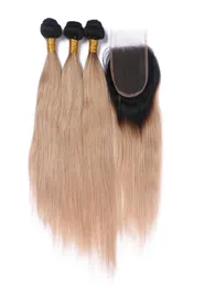 Ciemny root 1b27 miód blondyn Ombre 4x4 Przednie koronkowe zamknięcie z splotami proste truskawkowe blondynki Ombre Peruwiańskie włosy 3bundles z 6067448
