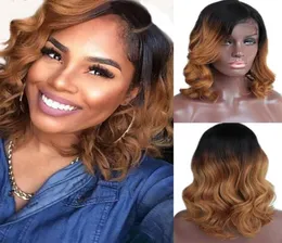 Kurze Bob-Perücke aus brasilianischem Echthaar, Ombre, zweifarbig, blond, gewellt, Spitze vorne, volle Spitze, Echthaar, ohne Kleber, 4362443