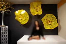Yellow Wall Art Lamp Hand Blown Murano Glass Flower Plates Interior Art Decor Plate for Living Room