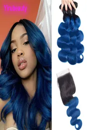 Brazilian Virgin Hair Extensions 1BBlue Ombre Human Hair Body Wave 3 Bundles With 4X4 Lace Closure With Baby Hair Remy 4 Pieces 12873802