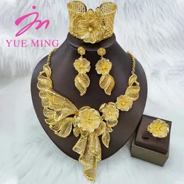 YM Gold Plated Jewelry Set for Women Copper Necklace Earrings Dubai African Party Bridal Wedding Gifts Arabic Cuff Bangles Rings 240102