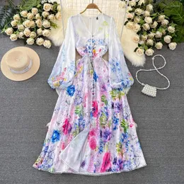 Abiti casual 2024 Pista primaverile Scava fuori il maxi abito in pizzo da donna con scollo a V manica a lanterna a vita alta stampa floreale lunga Boho Robe Vestidos