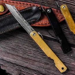 Japanese Higonokami Pocket Folding Knife Damascus Steel Copper Handle Survival Tactical Camping Hunting Defense Collection