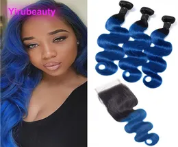 Peruvian Human Hair 1B Blue Body Wave 3 Bundles With 4X4 Lace Closure Middle Three Part 1b Blue 1028inch7132953