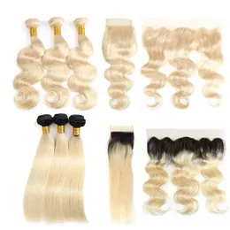 Wefts Cheap Human Virgin Hair Bundles With Closures Straight 1b 613 Brazilian Hair Extensions Body Wave Wefts Weaves With Frontal Access