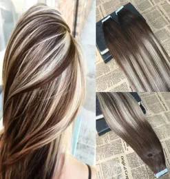 Omber Tape in Hair Extensions Color 3 Fading to 24 Highlighted Tape in Extensions Human Hair 8A Grade Glue in Extensions 100g405899917
