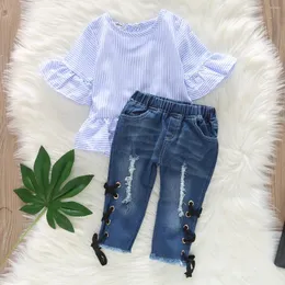 Kleidung Sets Sommer Kleinkind Kind Set Baby Mädchen Blau Gestreiften Rüschen Blusen T Shirt Tops Denim Hosen Jeans 2 stücke Outfits Infant