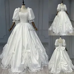 Victorian Medieval Wedding Dress With Short Sleeves Princess White Renaissance Florals Country Bridal Gowns Corset Lace Aesthetic Elegant Bride Dress 2024