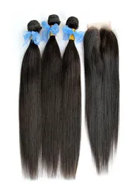 Brasilianska jungfru hårväv buntar och topp spetsstängning obearbetad 8A Brazillian raka remy mänskliga hårförlängningar med Clos8358872
